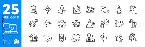 Outline icons set. Smile chat, Friends chat and Heart icons. Volunteer, Timer, Inspect web elements. Engineer, 5g internet, Lock signs. Cough, Business growth, Inclusion. Winner cup. Vector