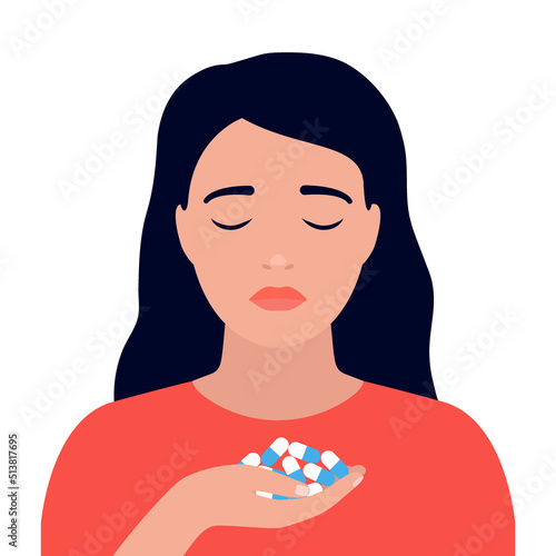 Depressed woman taking antidepressant drug pill, painkillers. Sad girl hold handful medicine. Fighting anxiety hormonal drugs. Medication treating illness or disorder health. Vector illustration