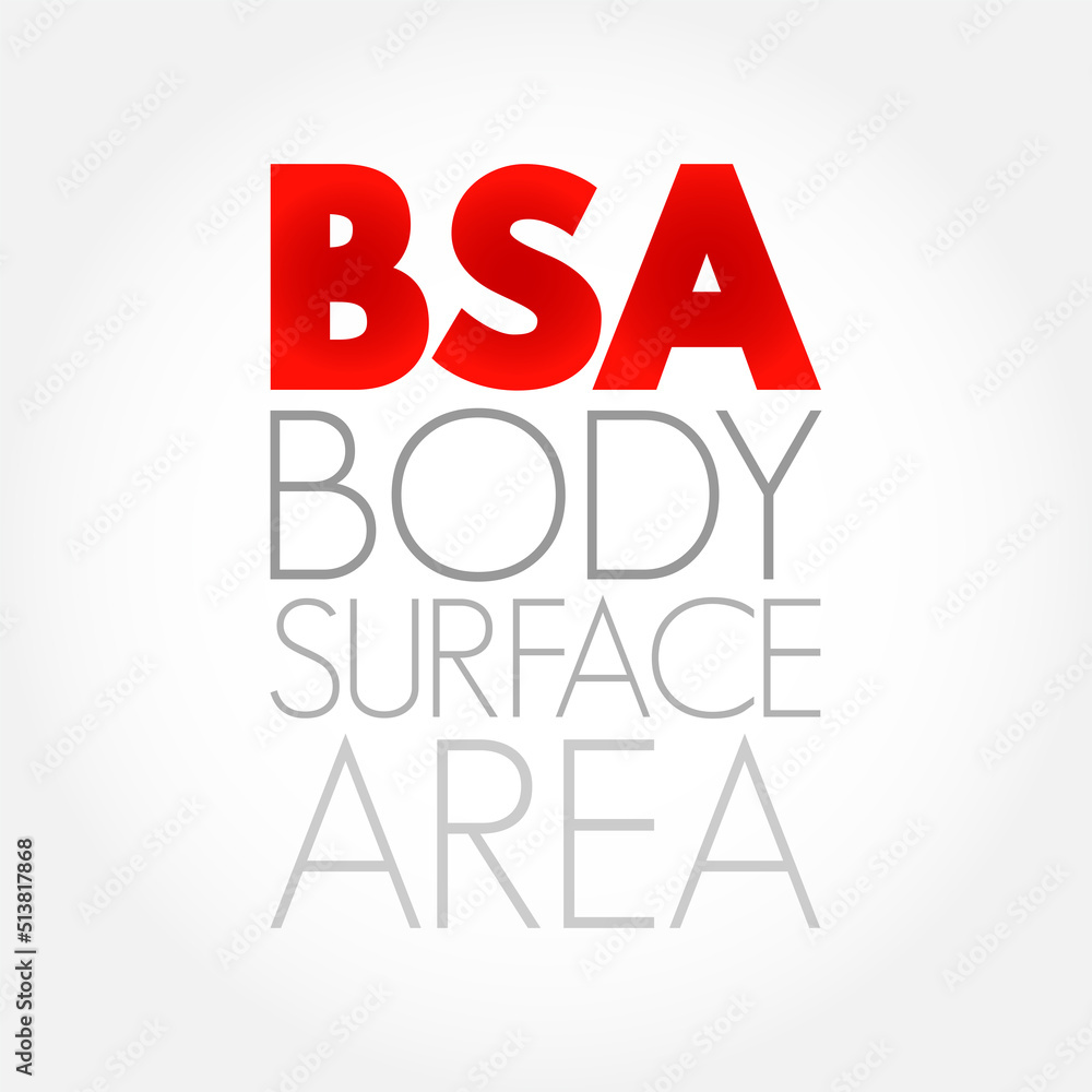 BSA Body Surface Area - measured or calculated surface area of a human body, acronym text concept background BSA Body Surface Area - measured or calculated surface area of a human body, acronym text concept background