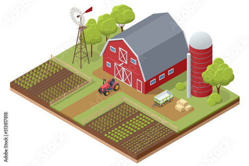 Isometric agricultural farm buildings, windmill barn and silo sheds hay garden beds and tractor. Pulling, pushing agricultural machinery, trailers, ploughing, tilling, disking, harrowing, planting.