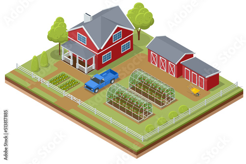 Isometric agricultural farm buildings, windmill barn and silo sheds hay garden beds and truck.