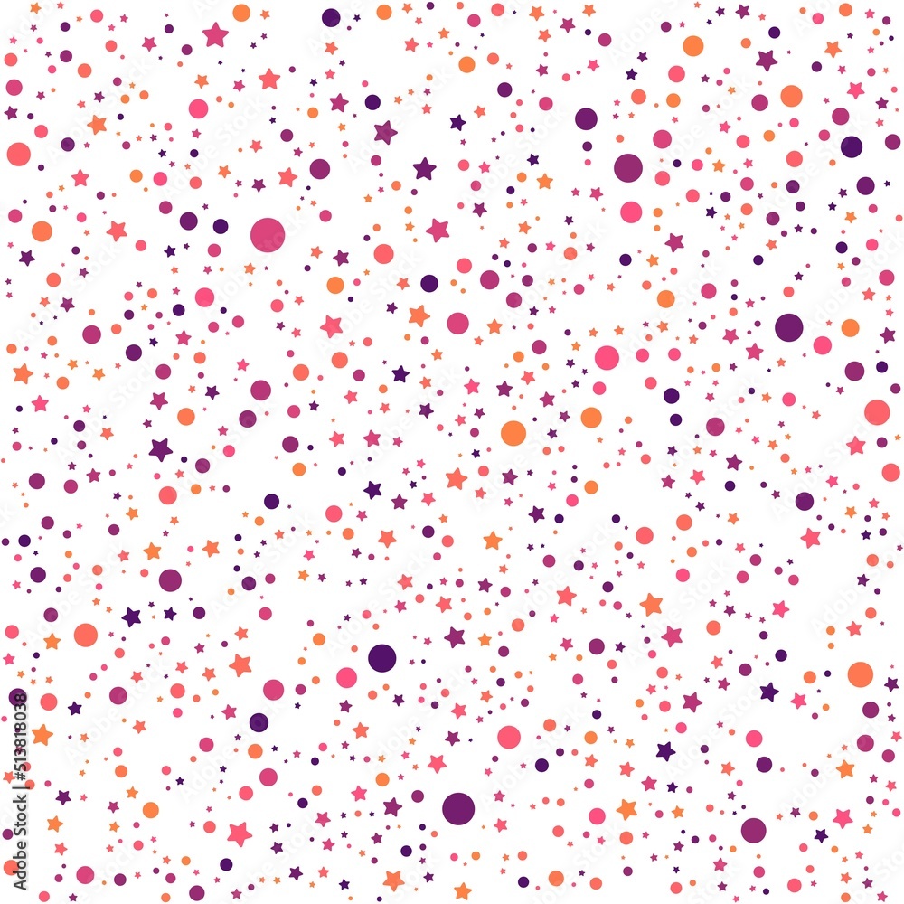Pink, purple, and orange stars and circles pattern on the white background. Vector illustration. Pink, purple, and orange stars and circles pattern on the white background. Vector illustration.