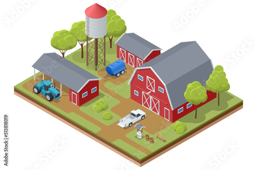 Isometric agricultural farm buildings, windmill barn and silo sheds hay garden beds and tractor.