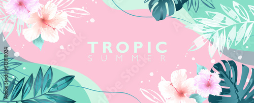 Tropic summer background decorated with hibiscus flowers and tropical leaves on light pink and green abstract background. Template for fashion ads, horizontal poster and social media