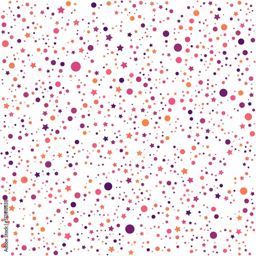 Pink, purple, and orange stars and circles pattern on the white background. Vector illustration.