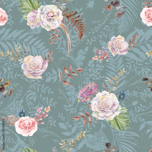 Seamless watercolor pattern with a flowers of roses and tropical herbarium in Boho style painted in watercolor for textile and fabrics