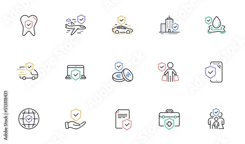 Insurance line icons set. Family care, risk, help service. Car accident, flood insurance, flight protection icons. Safety document, money savings, delivery risk. Car full coverage. Vector