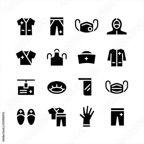 Set of glyph icons of medical uniforms clothing and accessories