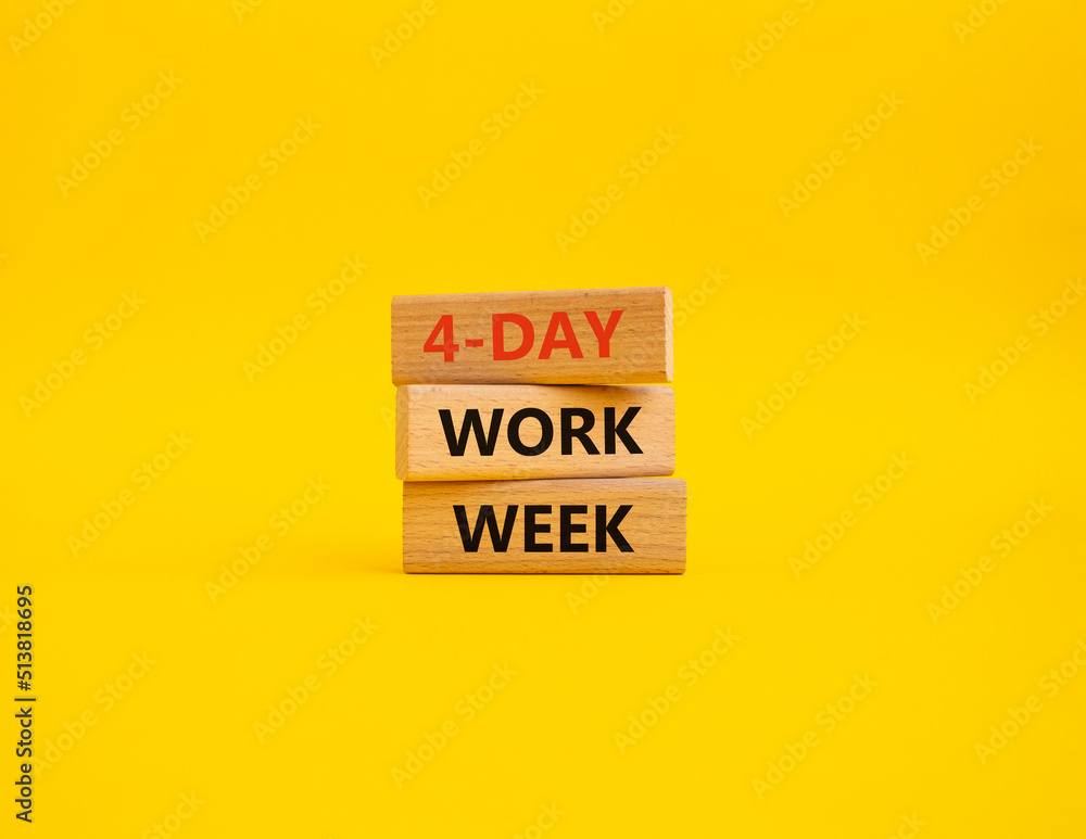 Naklejka premium 4-day work week symbol. Concept words 4-day work week on wooden blocks. Beautiful yellow background. Business and 4-day work week concept. Copy space