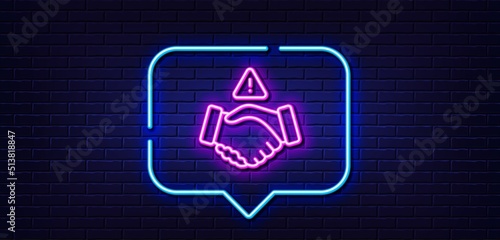 Neon light speech bubble. Dont handshake line icon. Hand touch warning sign. Hygiene notification symbol. Neon light background. Dont handshake glow line. Brick wall banner. Vector