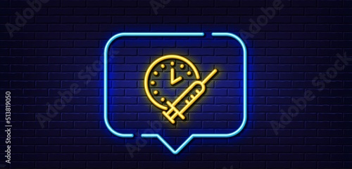 Neon light speech bubble. Vaccination schedule line icon. Vaccine syringe sign. Second injection time symbol. Neon light background. Vaccination schedule glow line. Brick wall banner. Vector