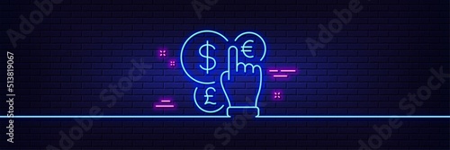 Neon light glow effect. Money currency line icon. Cash exchange sign. Stock trade symbol. 3d line neon glow icon. Brick wall banner. Money currency outline. Vector