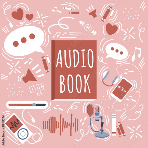 Vector illustration of an audiobook. Listening to literature, e-books in the application. Audio format of books