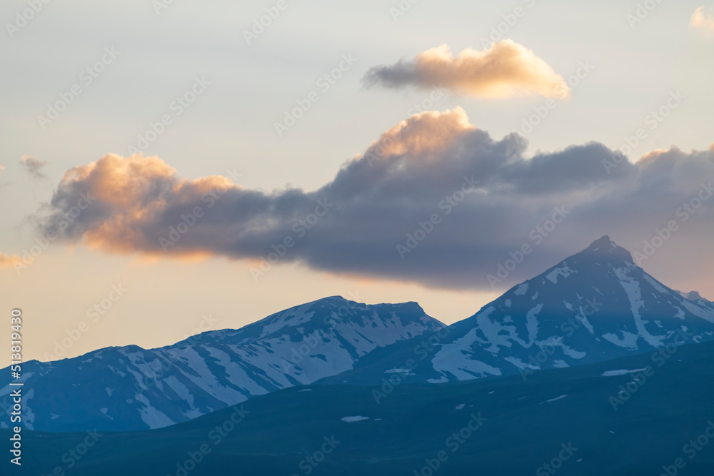 Beautiful mountain landscape at the sunrise with dramatics clouds. Aragats mountains. Beautiful mountain landscape at the sunrise with dramatics clouds. Aragats mountains.