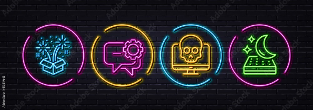 Cyber attack, Fireworks and Employees messenger minimal line icons. Neon laser 3d lights. Mattress icons. For web, application, printing. Computer malware, Pyrotechnic salute, Speech bubble. Vector