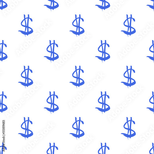 Small blue ink dollar signs isolated on white background. Cute monochrome seamless pattern. Vector simple flat graphic hand drawn illustration. Texture.