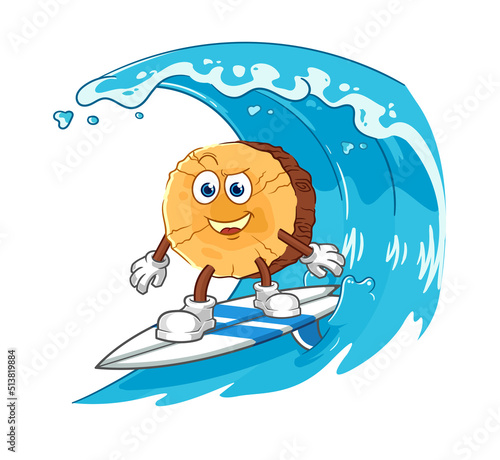 Photography round log surfing character. cartoon mascot vector
