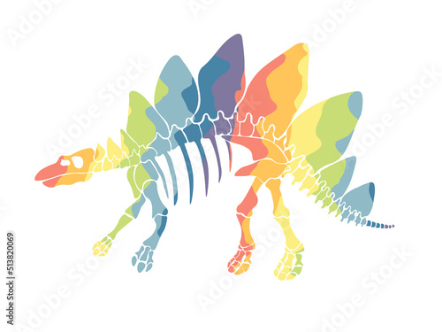 Vector illustration with rainbow dinosaur skeleton isolated on a white background.