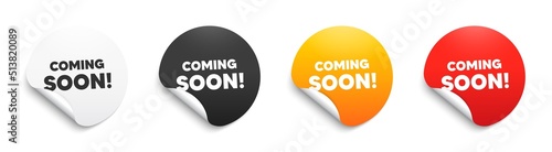 Coming soon text. Round sticker badge with offer. Promotion banner sign. New product release symbol. Paper label banner. Coming soon adhesive tag. Vector photo