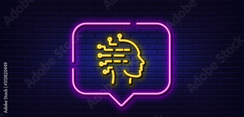Neon light speech bubble. Artificial intelligence line icon. Ai head sign. Robotic intellect symbol. Neon light background. Artificial intelligence glow line. Brick wall banner. Vector