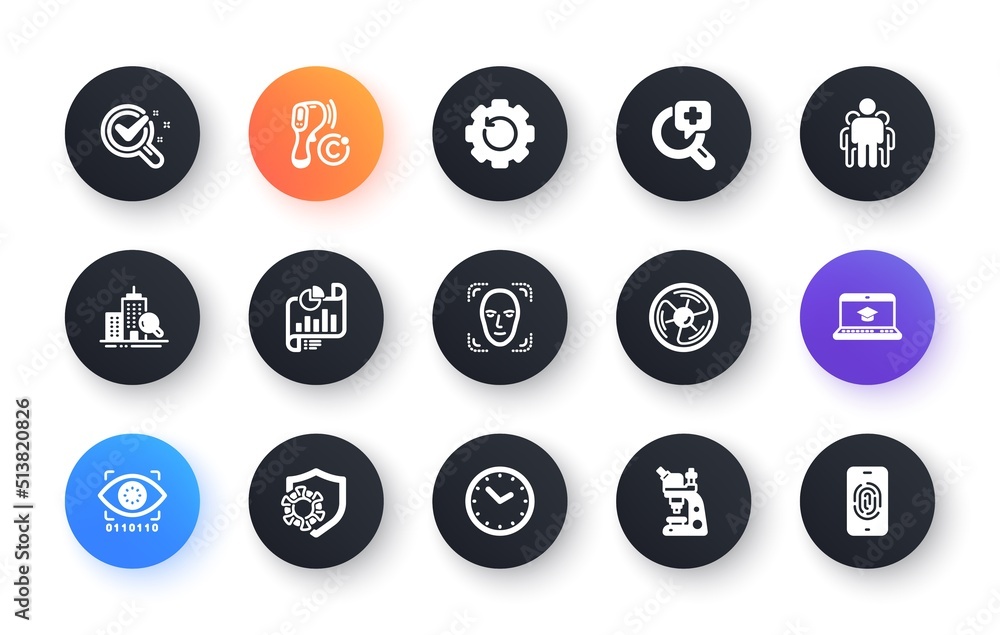 Minimal set of Recovery gear, Chemistry lab and Inspect flat icons for web development. Coronavirus, Electronic thermometer, Face detection icons. Website education, Air fan, Time web elements. Vector Minimal set of Recovery gear, Chemistry lab and Inspect flat icons for web development. Coronavirus, Electronic thermometer, Face detection icons. Website education, Air fan, Time web elements. Vector