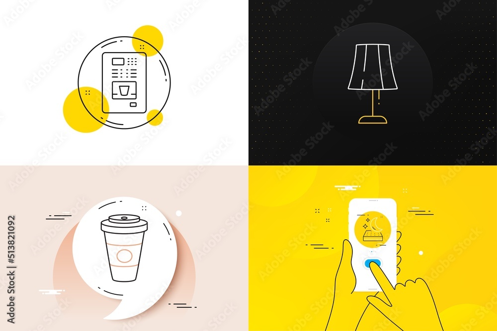 Minimal set of Coffee vending, Table lamp and Mattress line icons. Phone screen, Quote banners. Takeaway coffee icons. For web development. Bedside lamp, Night bed, Hot latte drink. Vector Minimal set of Coffee vending, Table lamp and Mattress line icons. Phone screen, Quote banners. Takeaway coffee icons. For web development. Bedside lamp, Night bed, Hot latte drink. Vector