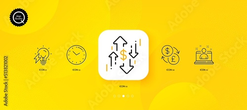 Dollar rate, Time and Electricity bulb minimal line icons. Yellow abstract background. Currency exchange, Best manager icons. For web, application, printing. Vector