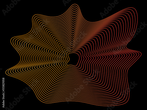 Abstract whimsical circle with colorful, orange, yellow, red hues, wavy curved lines, sound wave texture isolated on black background. Vector illustration for banner, business presentation, template.