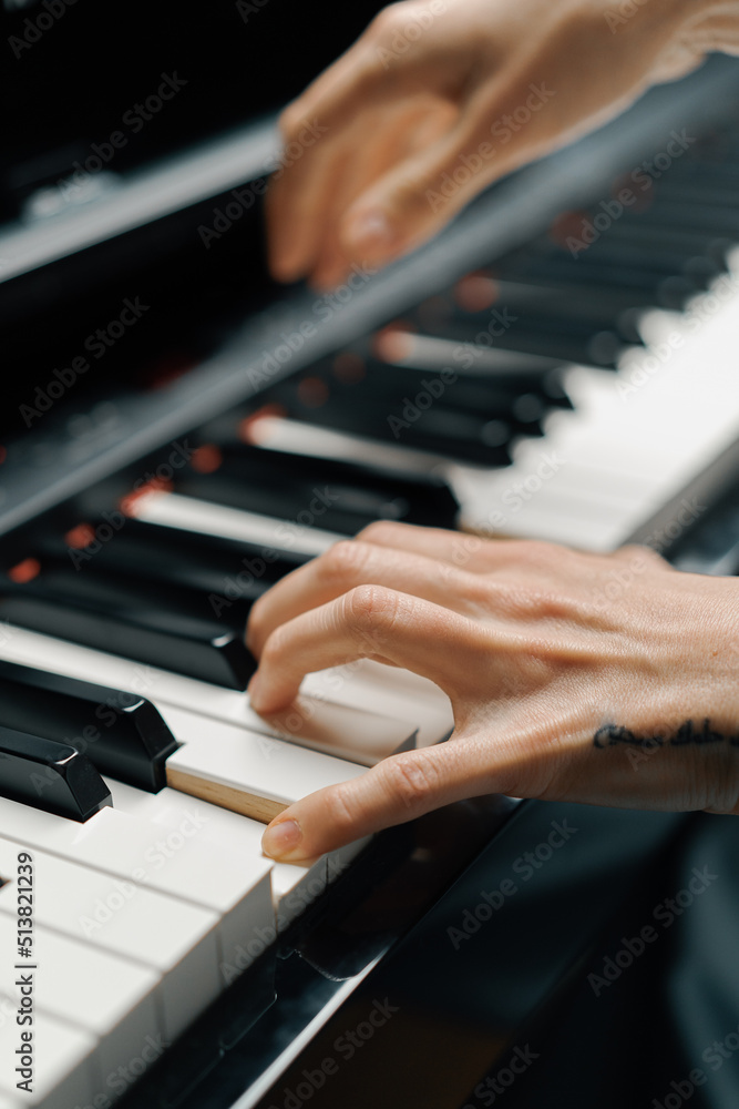 Fototapeta premium refined woman pianist plays the piano with thin fingers, sensually plays a musical instrument