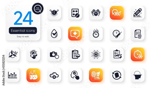 Set of Science flat icons. Fingerprint research, Cloud computing and Safe time elements for web application. Medical mask, Brand contract, Select user icons. Medical prescription. Vector
