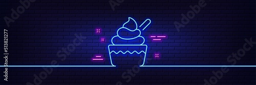Neon light glow effect. Ice cream cup line icon. Vanilla sundae sign. Frozen summer dessert symbol. 3d line neon glow icon. Brick wall banner. Ice cream outline. Vector
