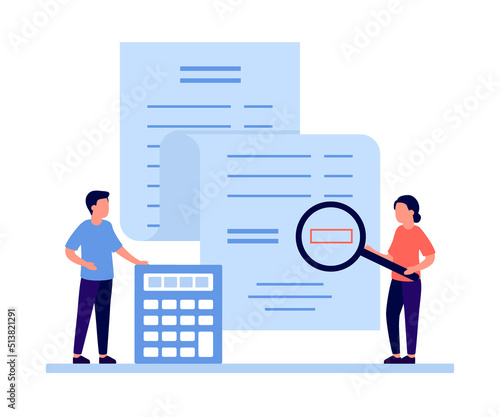 People calculating price and pay big financial bill, invoice, tax receipt, check. Accounting, auditing service for business, budget planning, revenue calculation. Payment and debts management. Vector