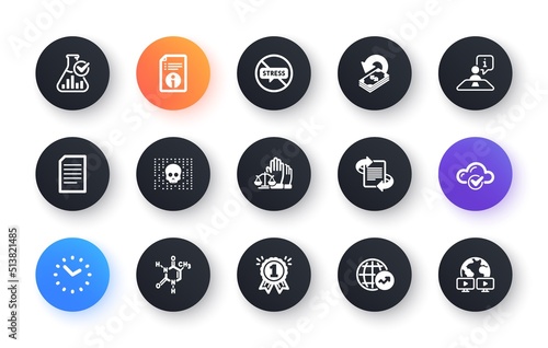 Minimal set of Cashback, World statistics and Chemical formula flat icons for web development. Interview, Technical info, Cyber attack icons. Stop stress, Cloud computing, Time web elements. Vector