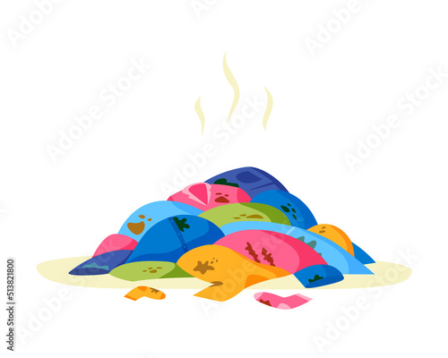 Pile of clothes on floor. Heap of dirty stinky laundry. Stack of dirty smelly apparel on laundry day. Wardrobe mess. Flat illustration.