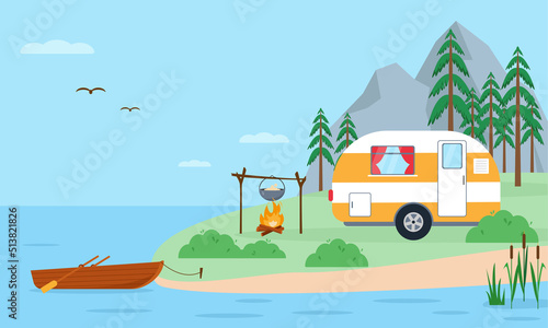 Camping landscape witn mountain, camping trailer, fir trees, boat and a bonfire. Sports, adventures in nature, recreation and tourism concept banner or poster. Vector flat illustration.