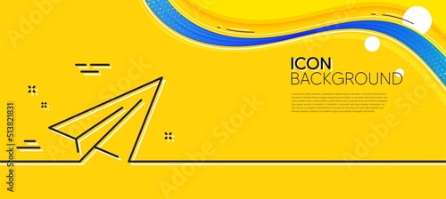 Paper plane line icon. Abstract yellow background. Airplane flight transport sign. Share symbol. Minimal paper plane line icon. Wave banner concept. Vector