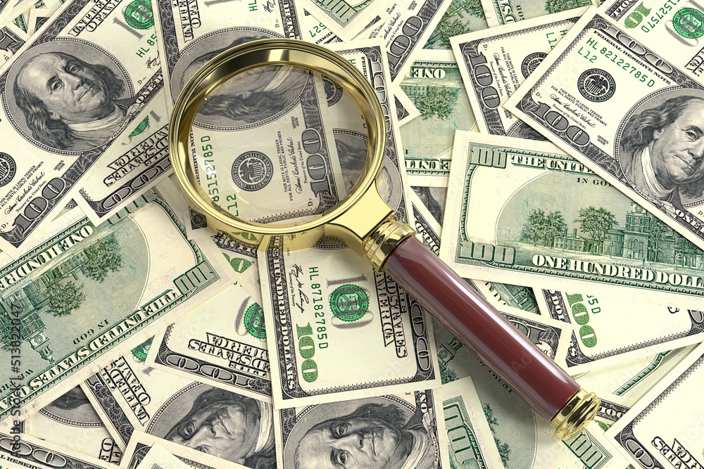 Verification of the authenticity of the U.S. dollar with a classic magnifying glass. Scattered money. 3D rendering. Verification of the authenticity of the U.S. dollar with a classic magnifying glass. Scattered money. 3D rendering.