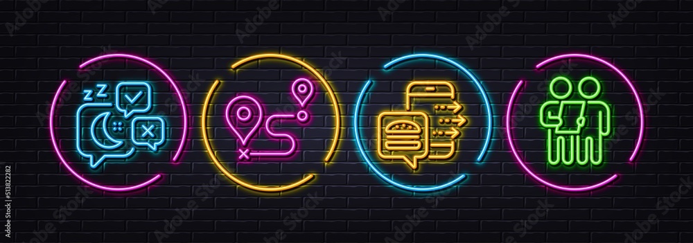 Sleep, Food order and Journey minimal line icons. Neon laser 3d lights. Survey icons. For web, application, printing. Night chat, Food delivery, Trip distance. Contract. Neon lights buttons. Vector