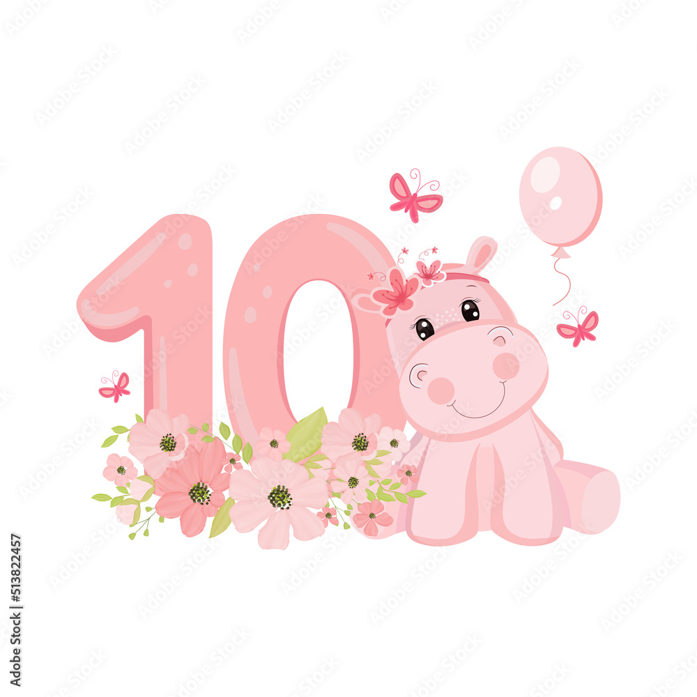 Cute baby girl hippo. Birthday invitation. Ten years, ten months. Happy birthday.