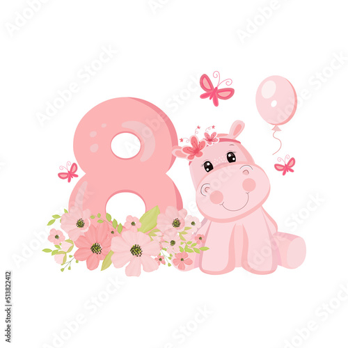 Cute baby girl hippo. Birthday invitation. Eight years  eight months. Happy birthday. 
