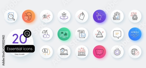 Simple set of Text message, Work home and Face protection line icons. Include Bitcoin mining, Mail letter, Leadership icons. Pyramid chart, Smile face, Sale tags web elements. Vector