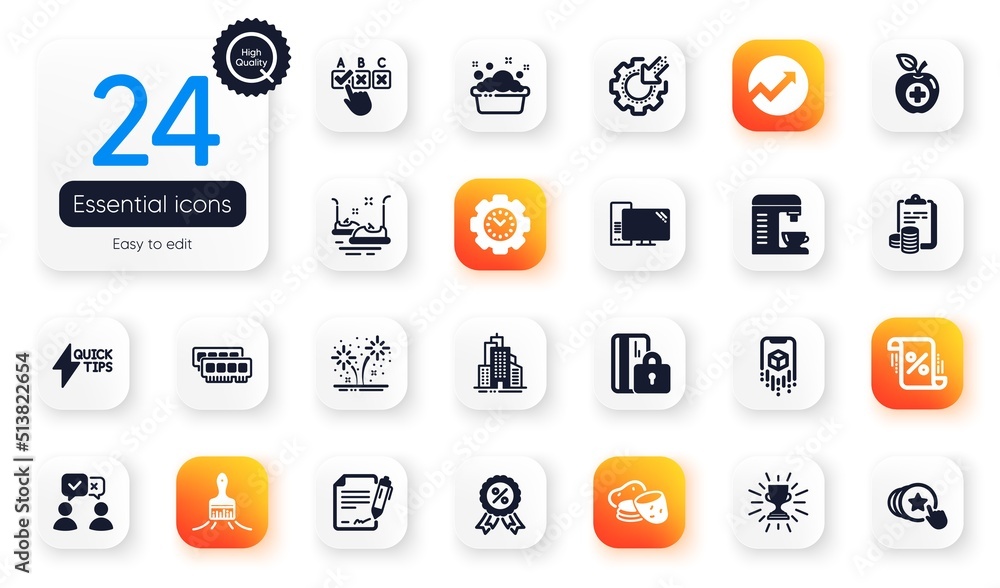 Set of Business flat icons. Trophy, Time management and Blocked card elements for web application. Coffee machine, Computer, Skyscraper buildings icons. Medical food, Signing document. Vector Set of Business flat icons. Trophy, Time management and Blocked card elements for web application. Coffee machine, Computer, Skyscraper buildings icons. Medical food, Signing document. Vector