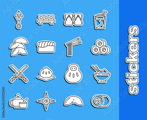 Set line Sushi, Rice in a bowl with chopstick, Geta traditional Japanese shoes, Chinese fortune cookie, ninja shuriken and Asian noodles and chopsticks icon. Vector