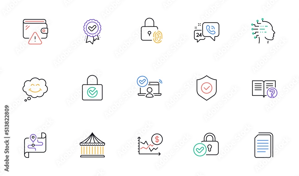 Copy files, Password encryption and Security shield line icons for website, printing. Collection of Carousels, Wallet, 24h service icons. Artificial intelligence, Smile. Vector