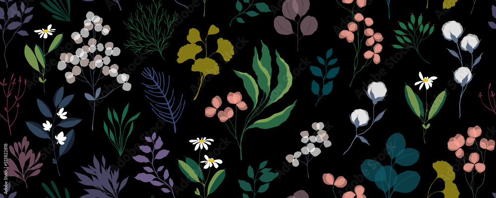Moody floral seamless pattern with many decorative flowers, leaves and twigs. For fashion fabrics, wallpaper and interior design, children’s clothing, T-shirts, postcards, templates and scrapbooking. Moody floral seamless pattern with many decorative flowers, leaves and twigs. For fashion fabrics, wallpaper and interior design, children’s clothing, T-shirts, postcards, templates and scrapbooking.