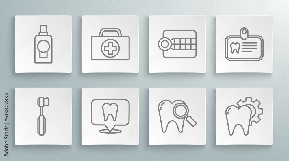 Set line Toothbrush, First aid kit, Dental clinic location, search, treatment procedure, Dentures model, Id card with tooth and Mouthwash plastic bottle icon. Vector Set line Toothbrush, First aid kit, Dental clinic location, search, treatment procedure, Dentures model, Id card with tooth and Mouthwash plastic bottle icon. Vector