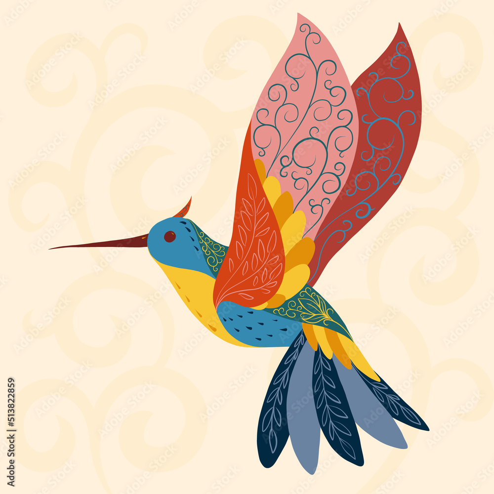 Vector illustration of fantastic colorful unusual bird in a vivid design. Tropical fauna style