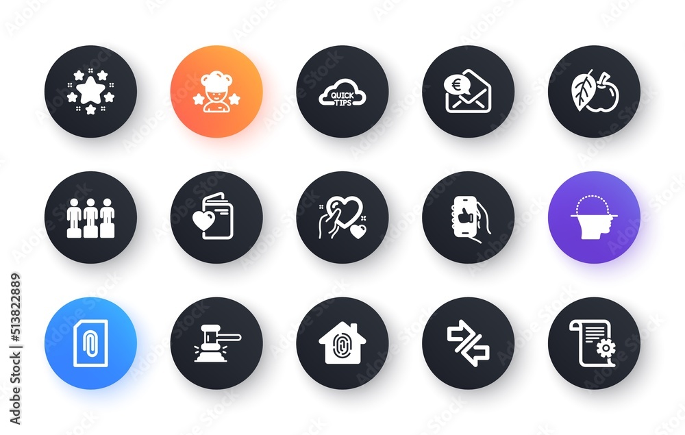 Minimal set of Best chef, Attachment and Euro money flat icons for web development. Face scanning, Like app, Quick tips icons. Stars, Hold heart, Apple web elements. Equity, Synchronize. Vector Minimal set of Best chef, Attachment and Euro money flat icons for web development. Face scanning, Like app, Quick tips icons. Stars, Hold heart, Apple web elements. Equity, Synchronize. Vector