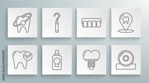 Set line Tooth whitening concept, Dental explorer scaler for teeth, Mouthwash plastic bottle, implant, Otolaryngological head reflector, Dentures model, clinic location and icon. Vector