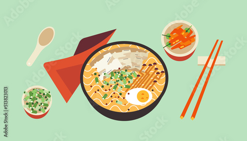 Ramen noodles wok. Bowl with spicy Thai food. Asian soup with egg, pork, mushrooms. Japanese wok dish with chopsticks, spoon and spices isolated. Vector flat of oriental cuisine delicacies culture.